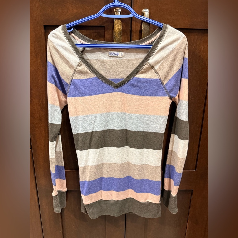 Garage Women's Long Sleeve Top - Blue, cream, grey and Brown Stripes